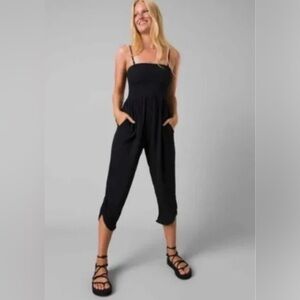 prAna Fernie Black Smocked Cropped Jumpsuit Size Large